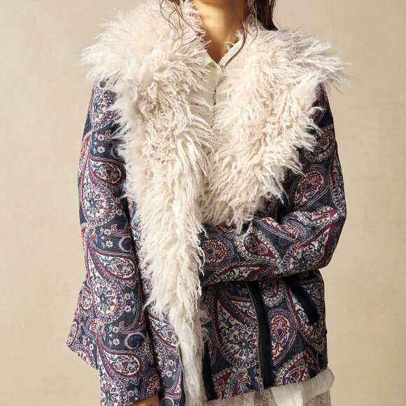 Navy Blue Casual Women's Jacket with Faux Fur Collar and Paisley Pattern - Picture 6 of 9